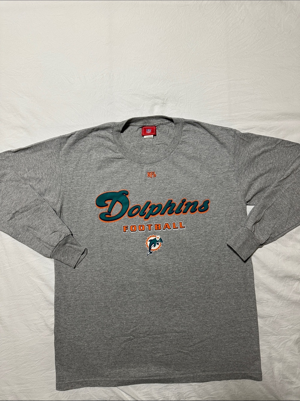 Vintage Miami Dolphins NFL Football Long Sleeve Grey Mens Medium Retro Logo